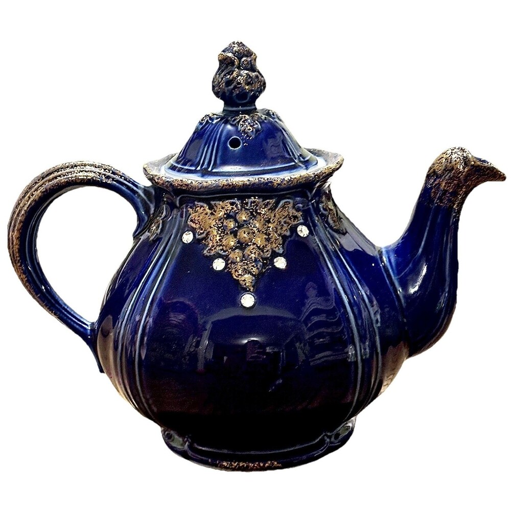 Rare Hall China Cobalt Blue Rhinestone Gold Teapot 6 Cup USA Vintage 01043